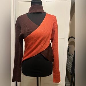 Almost Famous Two-Tone Wrap Turtleneck Sweater in Brown & Orange